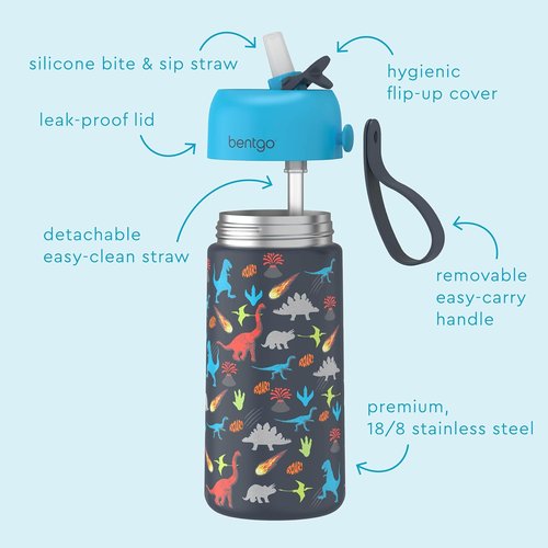 Bentgo® Kids Stainless Steel Water Bottle - Leak-Proof & Insulated, Keeps Cool 12 Hours | 14 oz. Dinosaur Design for Ages 3+