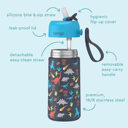 Bentgo® Kids Stainless Steel Water Bottle - Leak-Proof & Insulated, Keeps Cool 12 Hours | 14 oz. Dinosaur Design for Ages 3+