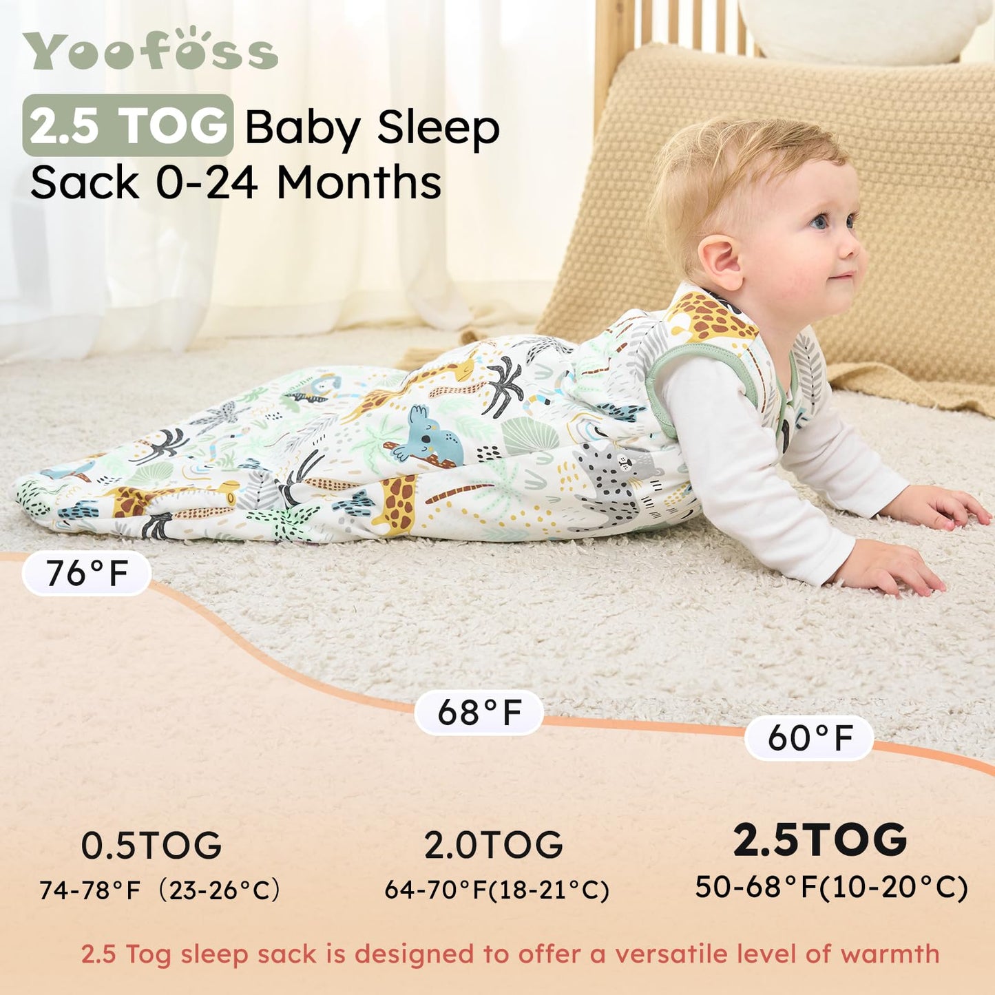 Yoofoss Baby Sleep Sack 6-12 Months, TOG 2.5 Baby Wearable Blanket with 2-Way Zipper, 100% Organic Cotton Fabric Winter Newborn Sleeping Sack, Warm Soft Comfy