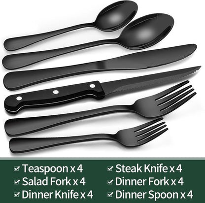 EWFEN 24-Piece Black Silverware Set - Food-Grade Stainless Steel Flatware for 4 with Steak Knives