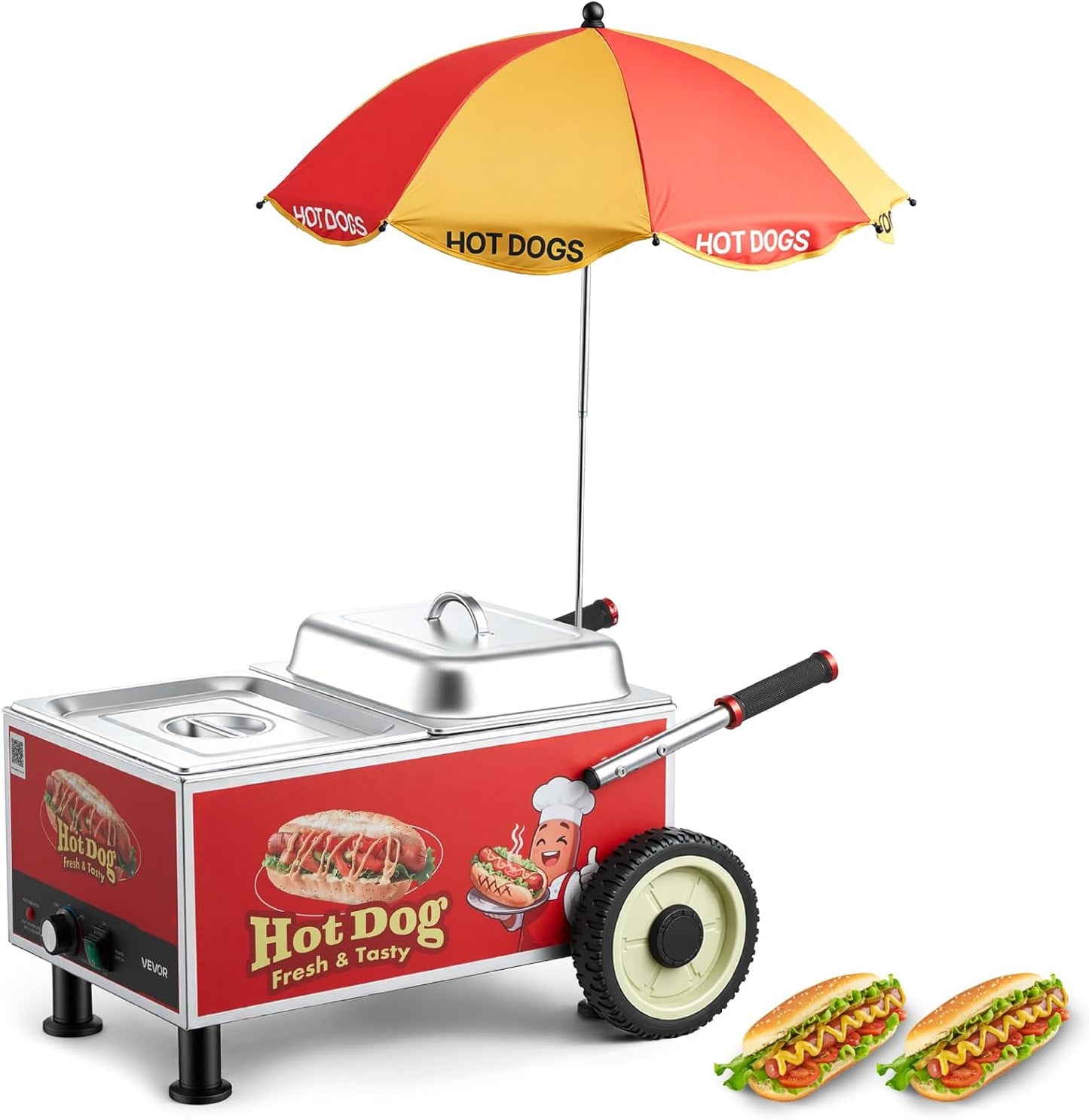 VEVOR Hot Dog Steamer Cart - 1200W Electric Stainless Steel Machine with Adjustable Temp & Portable Design