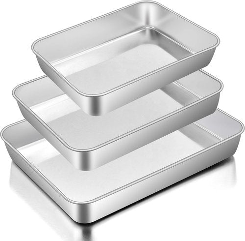 E-far Stainless Steel Baking Pans Set of 3 | Non-Toxic Rectangle Bakeware for Cakes, Lasagna & More - 12.5/10.5/9.4 Inch