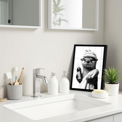 SYWENNOI Framed Black and White Bathroom Canvas Art - Funny Otter Bath Decor | Ready to Hang 8x10 Inches