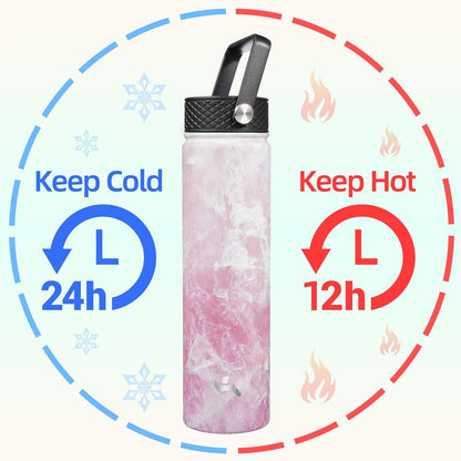 Skiennix Insulated Water Bottle - 24oz Stainless Steel Sport Bottle with 3 Lids | Marble Blossom