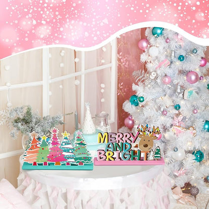 Pastel Pink Christmas Wooden Table Decorations - 6 Pcs Holiday Centerpieces