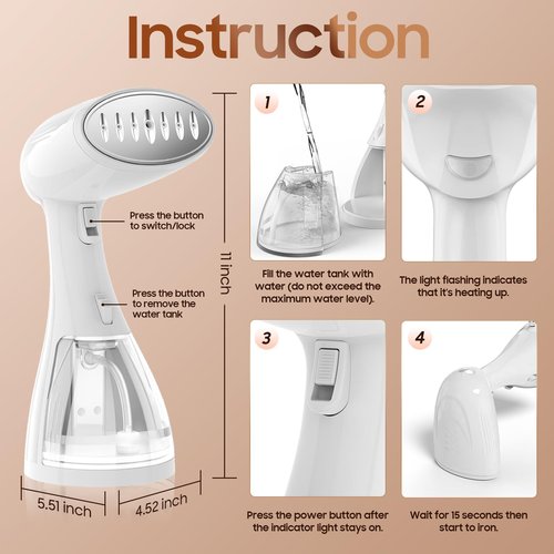 Hand Held Travel Steamer for Clothes - 1350W Portable Clothes Steam Iron 15S Fast Heat-Up, 300ML Large Capacity Water Tank, Garment Steamer Remove Wrinkles Fastly, Make Clothes Soft & Smooth