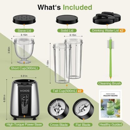 KOIOS Smoothie Blender - Powerful 1000W Personal Blender for Shakes & Smoothies | Includes 12-Piece Coffee Grinder Set & 2x22 oz To-Go Cups, Non-BPA