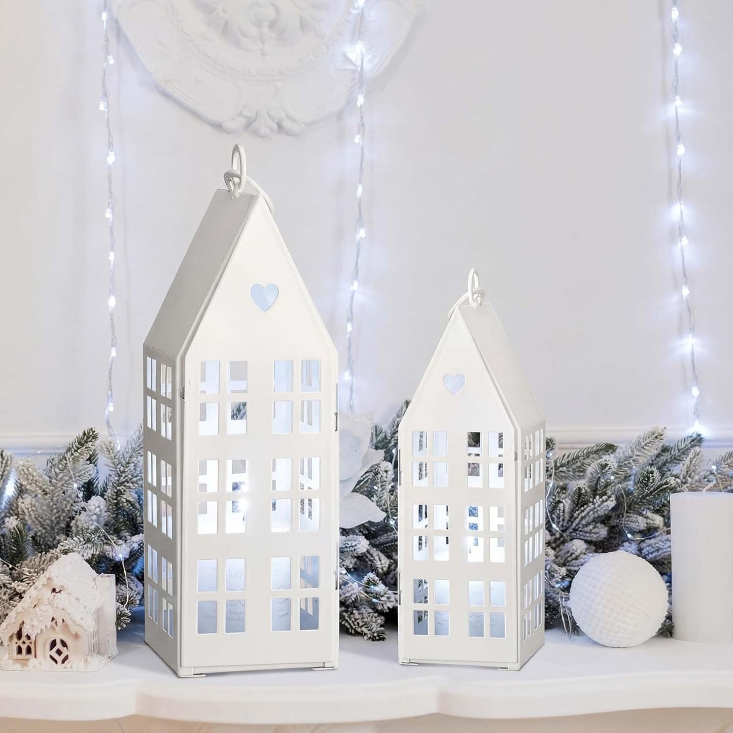 SiliFine White Farmhouse Village Set - 2 Rustic Houses with Candles for Home Decor | Wedding & Valentine's Day