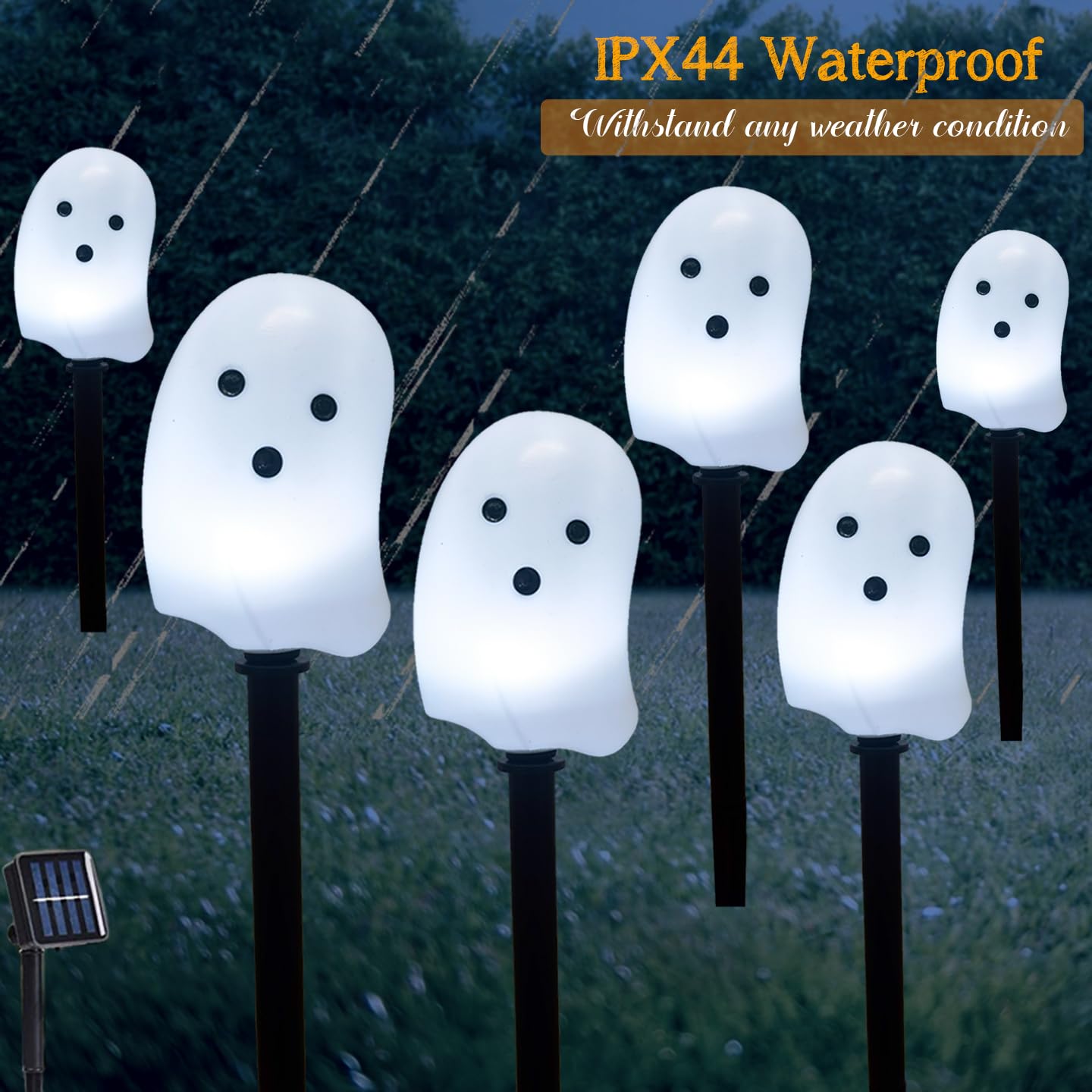 Fcysy Halloween Decorations Solar Lights Outdoor, 6 Pcs Solar Powered Halloween Lighted Ghosts Pathway Stake String Lights, Halloween Party Décor Walkway Lights, Halloween Yard Garden Solar Light