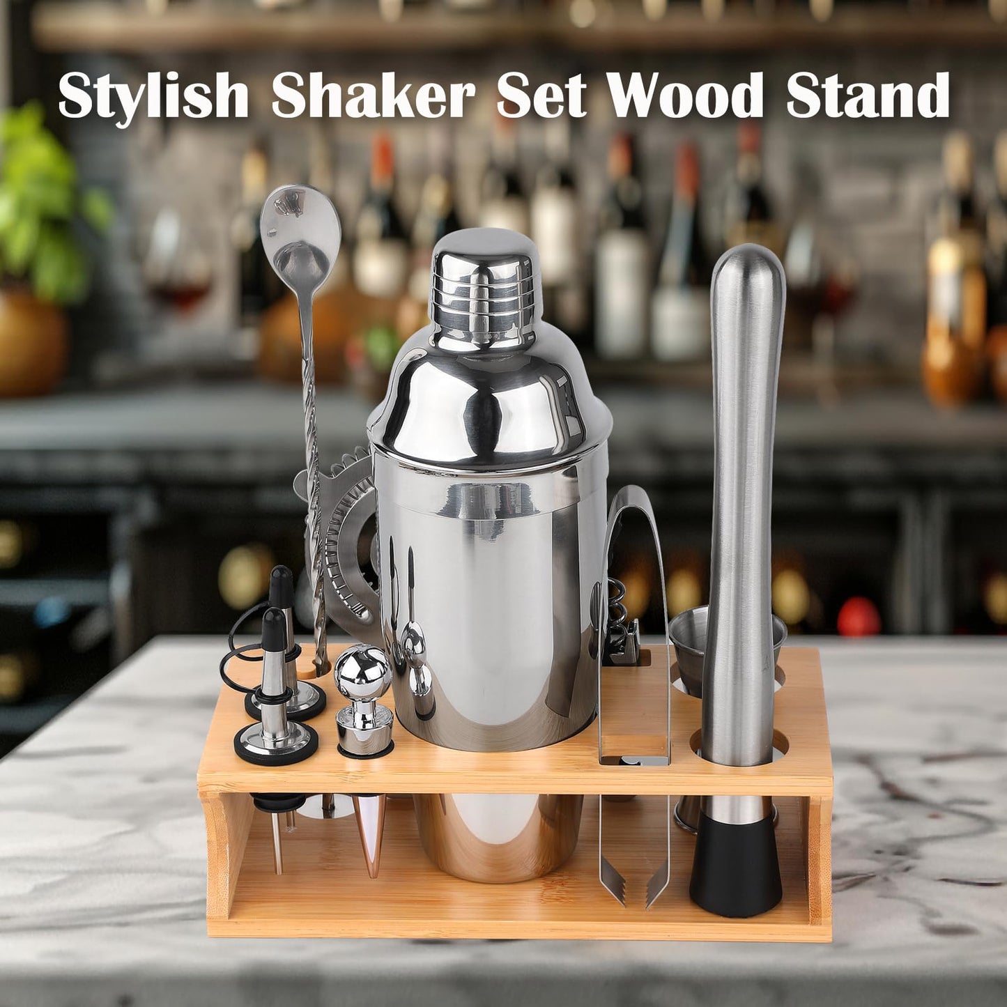 ZPUFAW Cocktail Shaker Set Bartender Kit with Stand 11-Piece Bar Tool Set Housewarming Gift Including 24oz Cocktail Shaker Martini Shaker Muddler Strainer Mixing Spoon Jigger Bar Accessories