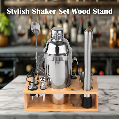 ZPUFAW Cocktail Shaker Set Bartender Kit with Stand 11-Piece Bar Tool Set Housewarming Gift Including 24oz Cocktail Shaker Martini Shaker Muddler Strainer Mixing Spoon Jigger Bar Accessories