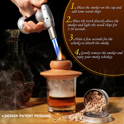 Whiskey Smoker Kit with Torch, Cocktail Smoker Kit, Old Fashioned/Bourbon/Smoker Infuser Kit with 6 Flavors of Wood Chips, Gift for Father and Loved