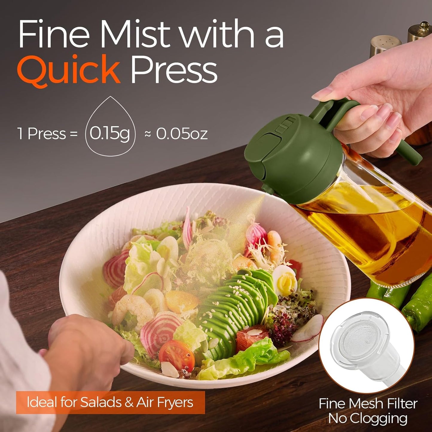 YARRAMATE Glass Olive Oil Sprayer - 2-in-1 Food Grade Premium Dispenser | 16oz Olive Green for Cooking & BBQ