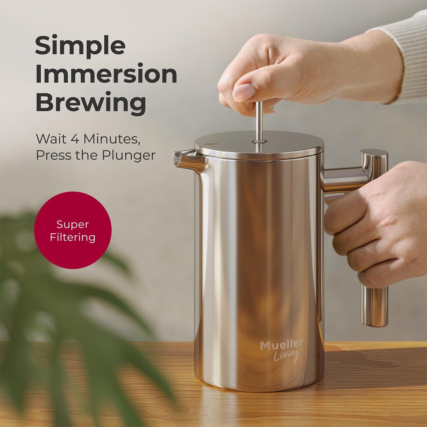 MuellerLiving French Press Coffee Maker - 20oz Stainless Steel, Double Insulated & Dishwasher Safe