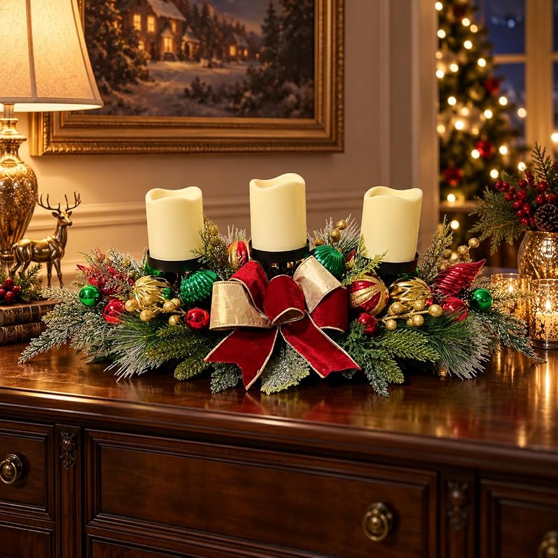 Christmas Candle Holder Centerpiece with 3 Candle Holders and Red Bow