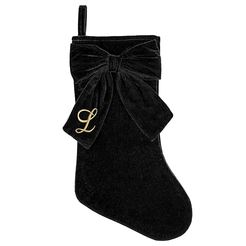 19 Inch Black Velvet Christmas Stocking with Elegant Bow & Monogram L - Personalized Embroidered Holiday Stocking
