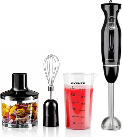 OVENTE Immersion Hand Blender Set - 300W Electric Stick Mixer with Stainless Steel Blades & Whisk, Black