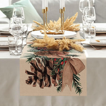 Winter Pine Cone Table Runner 13"x108" with Pine Needle, Red Berry & Bow - Seliem (Variation: Winter-pine Cone+Table Runner 13''X108'')