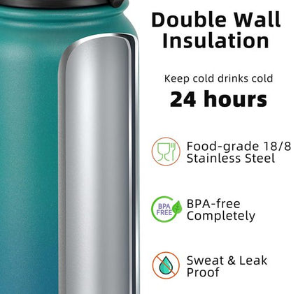 Fanhaw 32 oz Insulated Stainless Steel Water Bottle - Leakproof Vacuum Design | Anti-Dust Chug Lid (Green Blue)