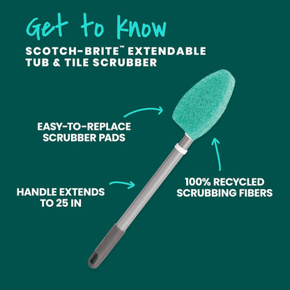 Scotch-Brite Extendable Tub & Tile Scrubber Kit - 1 Handle & 3 Non-Scratch Pads for Easy Cleaning