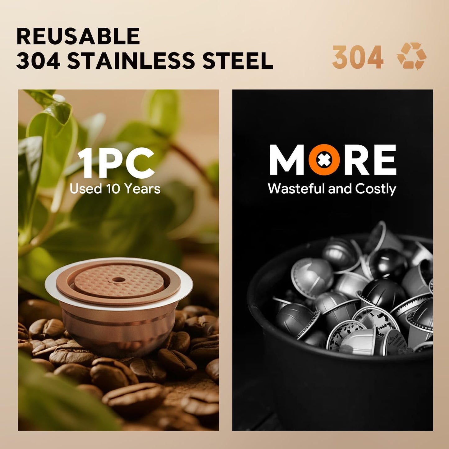 Skiennix Stainless Steel Reusable Coffee Pods - Compatible with Nespresso Vertuo | 230ml Capacity, Includes 4 Barcode Stickers & Silicone Lid