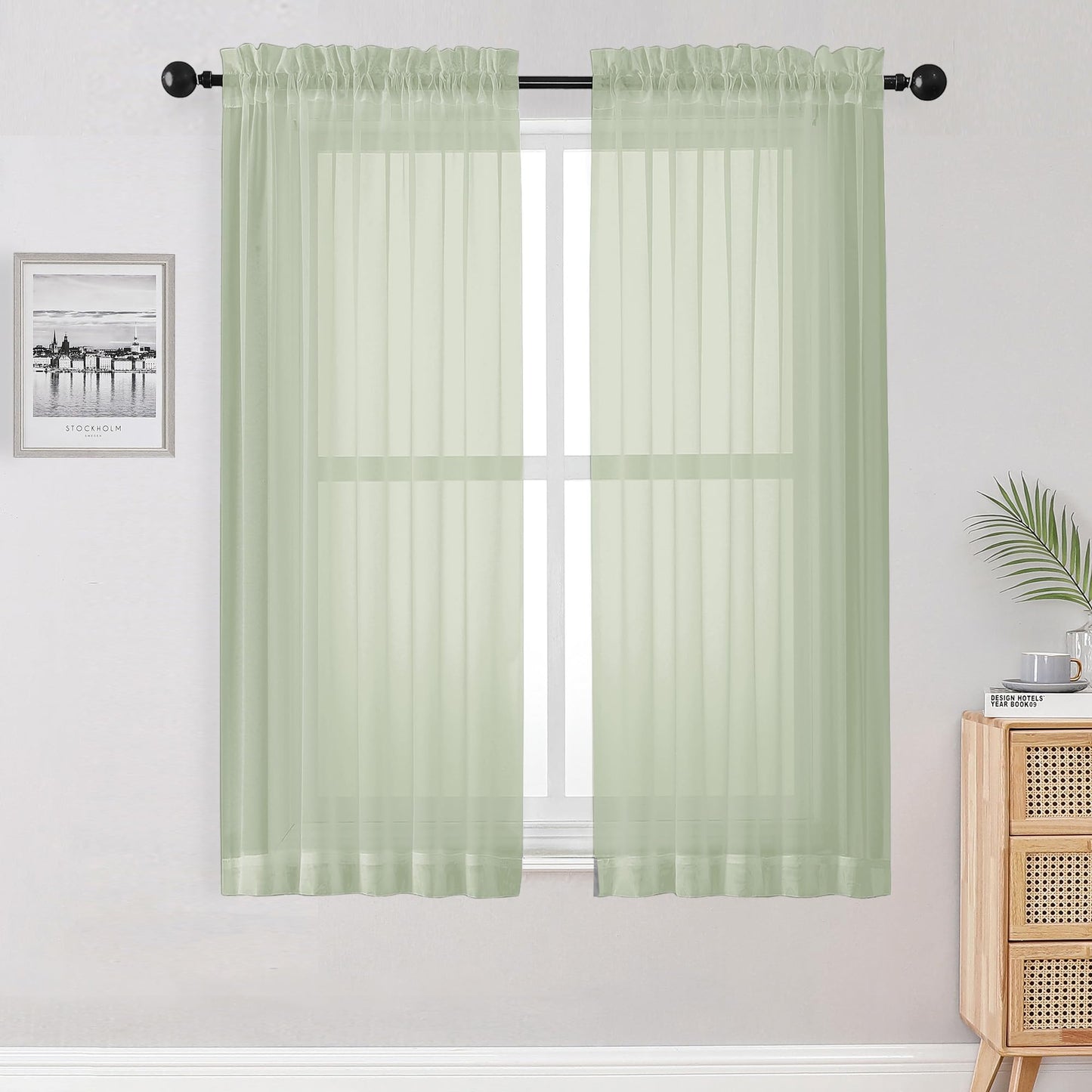 OWENIE Sheer Curtains 54 inches Long 2 Panles for Living Room Bedroom Small Windowm, Rod Pocket Light Filtering Voile Sheers Drapes, 42" W x 54" L, Light Green