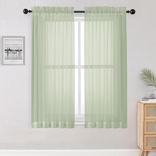 OWENIE Sheer Curtains 54 inches Long 2 Panles for Living Room Bedroom Small Windowm, Rod Pocket Light Filtering Voile Sheers Drapes, 42" W x 54" L, Light Green