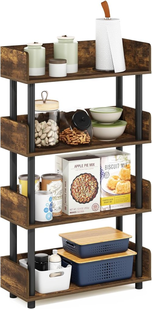 Furinno 4-Tier Toolless Display Rack - Stylish Amber Pine & Black Finish for Easy Organization