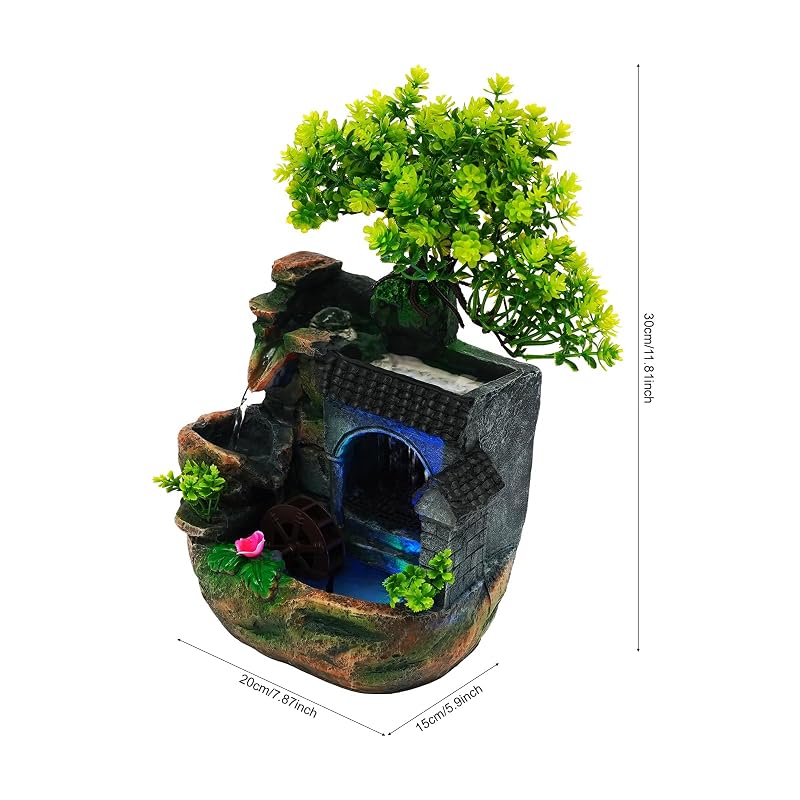 Tabletop Fountain Rockery with Color LED Light, 11in Resin Desk Waterfall