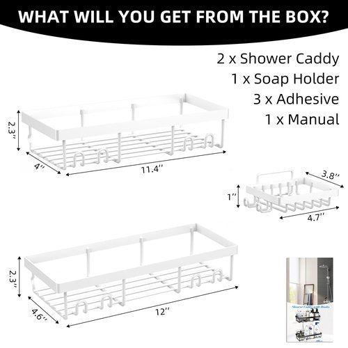 Moforoco 3-Pack Shower Caddy Basket Shelf with Soap Holder, No Drilling Traceless Adhesive Shower Wall Shelves, Rustproof White Bathroom Shower Storage Organizer
