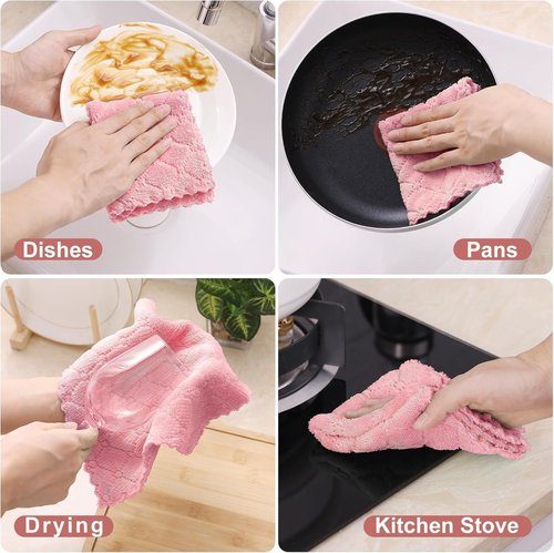 Homaxy Kitchen Dish Cloths - Super Soft & Absorbent Coral Velvet | 12 Pack, 10 x 10 Inches, Pink