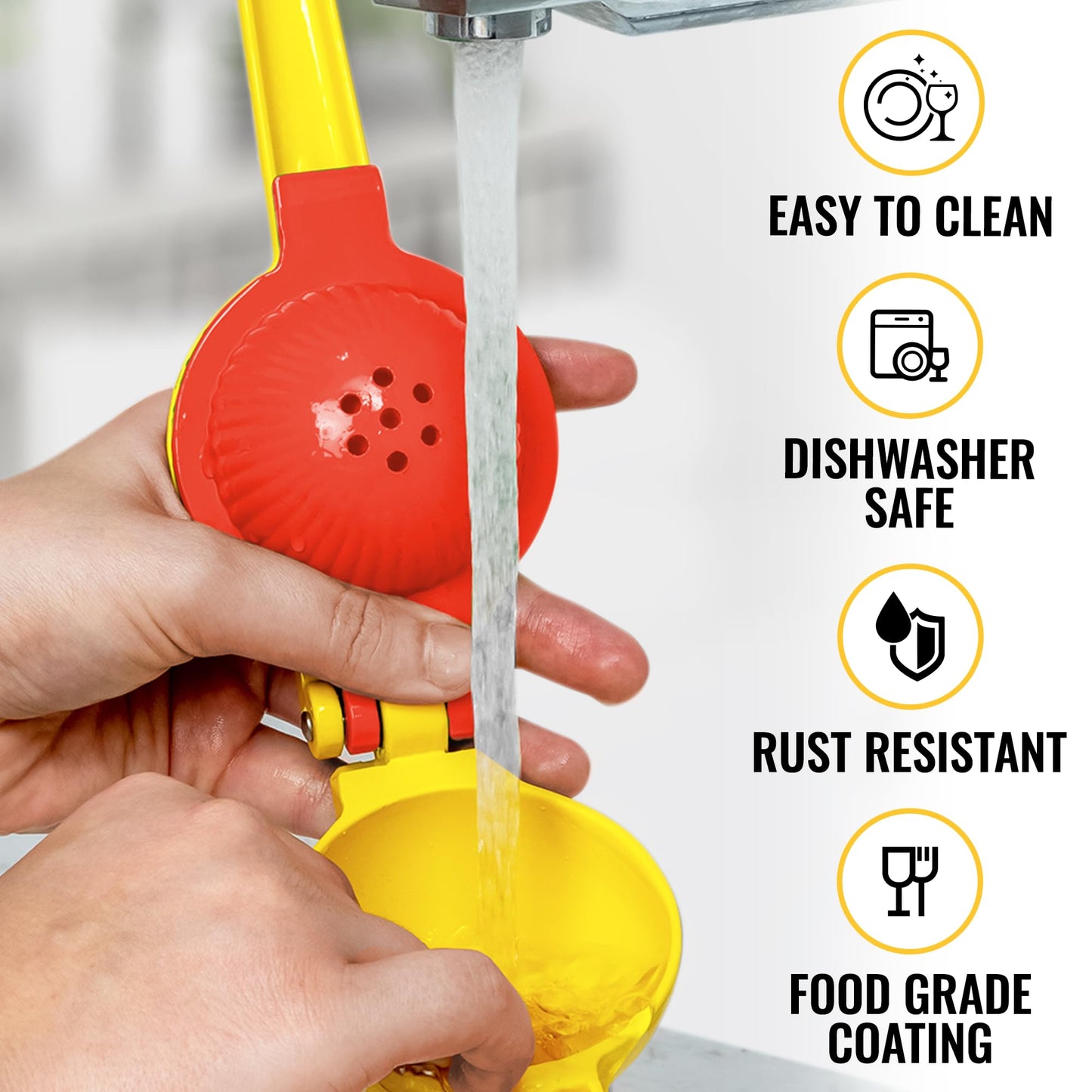 Zulay Metal 2-In-1 Lemon Squeezer Manual - Sturdy, Max Extraction Hand Juicer Lemon Squeezer Gets Every Last Drop - Easy to Clean Manual Citrus Juicer - Easy-to-Use Lemon Juicer Squeezer - Yellow/Red