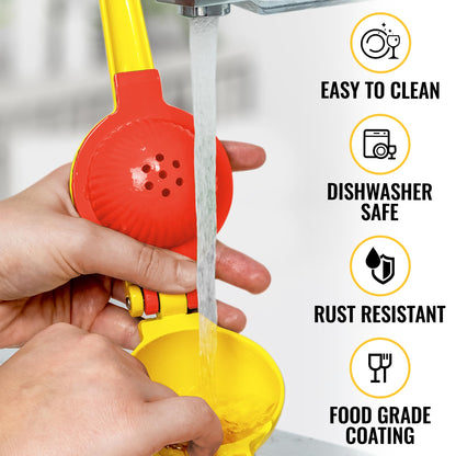 Zulay Metal 2-In-1 Lemon Squeezer Manual - Sturdy, Max Extraction Hand Juicer Lemon Squeezer Gets Every Last Drop - Easy to Clean Manual Citrus Juicer - Easy-to-Use Lemon Juicer Squeezer - Yellow/Red