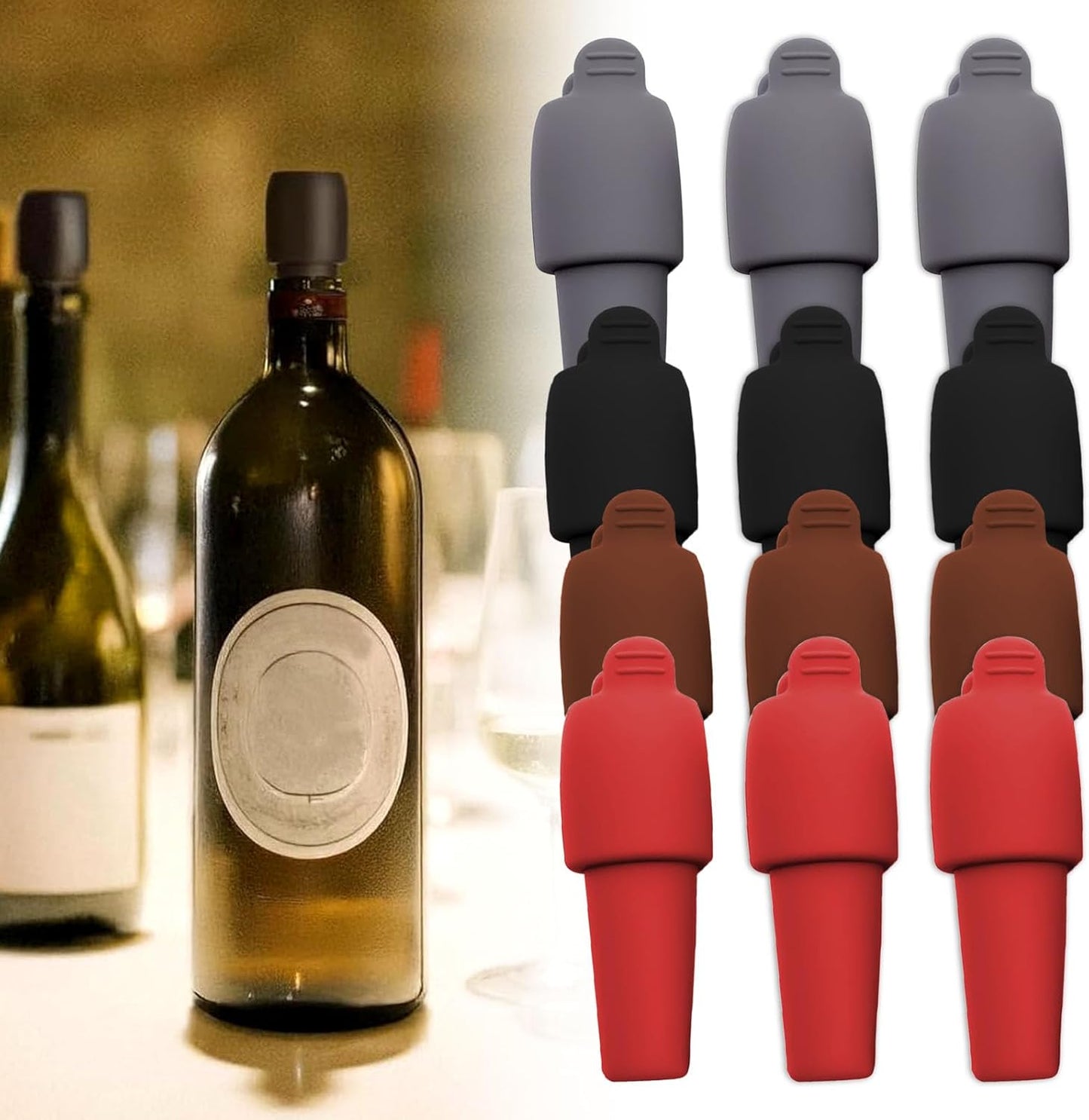Silicone Wine Stopper for Wine Bottles, 2025 New Wine Stoppers for Wine Bottles, Seal Bottle Cover for Beer Champagne, Glass Bottle Sealer Covers Wine Stoppers for Home Use (12, All)