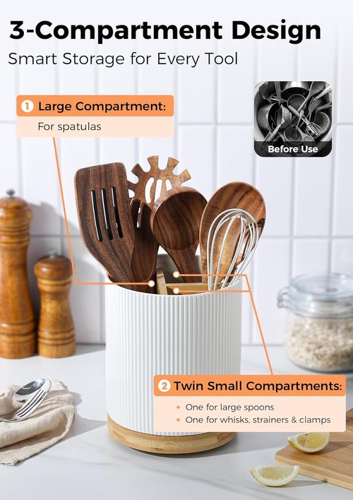 LoeJan Utensil Holder - 3 Compartment Ceramic Kitchen Organizer with Cork Bottom | Large White Crock