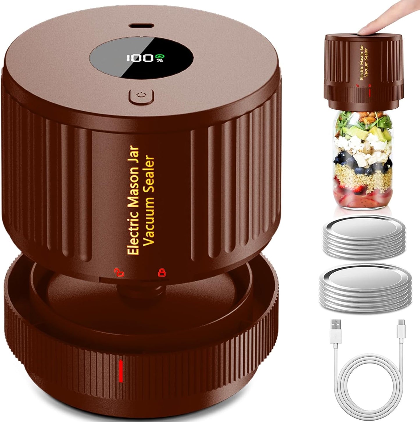 Skiennix Electric Mason Jar Vacuum Sealer Kit - Ideal for Wide & Regular Mouth Jars - Brown