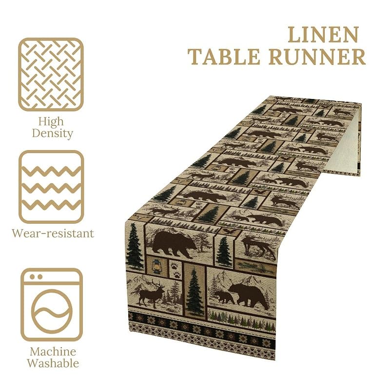 Cabin-11 Rustic Bear Deer Table Runner 13x90 Inches – Linen Kitchen Dinning Decor