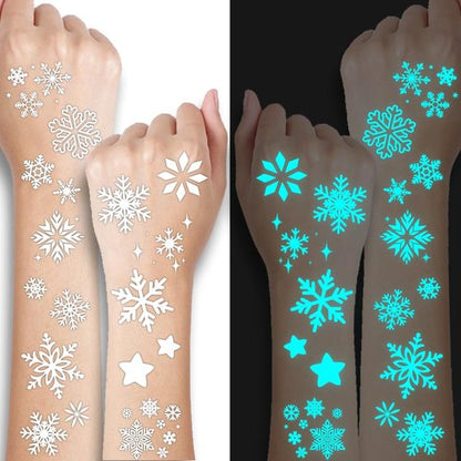 CHARLENT Blue Luminous Snowflake Temporary Tattoos - 74 Sheets of White Snowflake Designs for Kids & Adults | Perfect for Winter & Christmas Parties