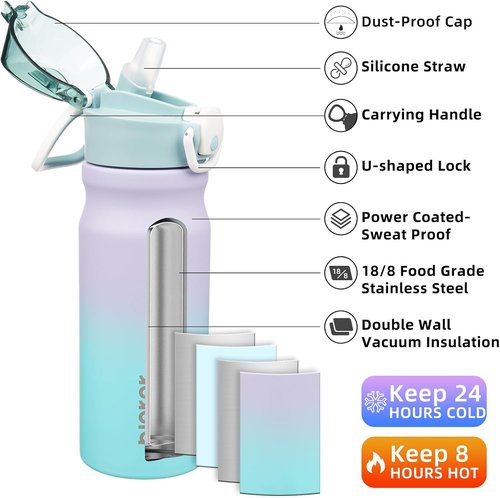 BJPKPK Insulated Water Bottle - 18oz Reusable Stainless Steel Flask with Straw & Leak-Proof Lid | Lavender Green