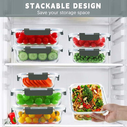 KAMOTA Glass Food Storage Containers, 10 Pack Glass Meal Prep Containers, Airtight Containers with Snap-Lock Lids, 34 oz and 13 oz gray Container Set with Lids, for Microwave/Oven/Freezer/Dishwasher