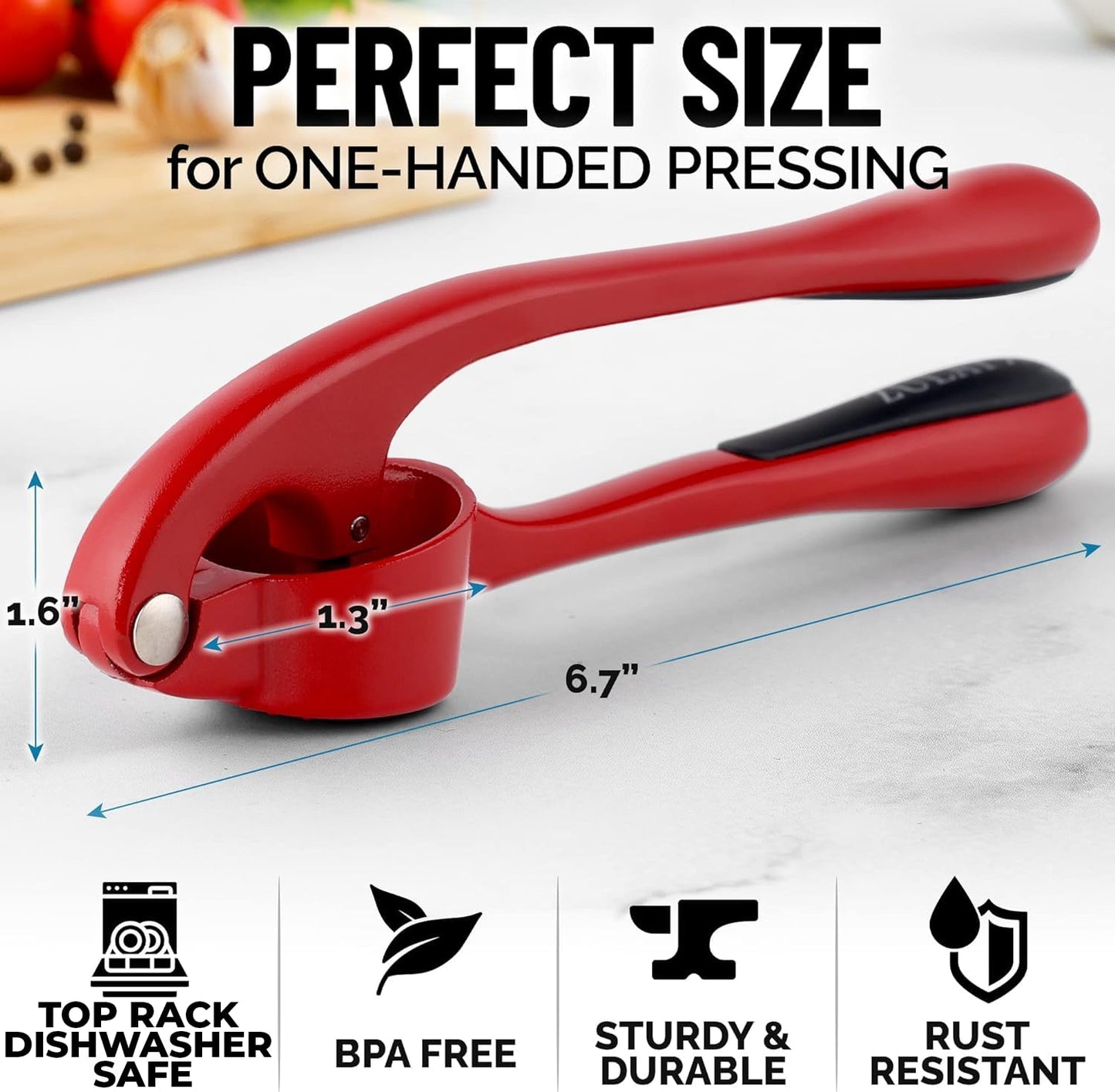 Zulay Kitchen Premium Garlic Press Set - Rust Proof & Dishwasher Safe Professional Garlic Mincer Tool - Easy-Squeeze, Easy-Clean with Soft, Ergonomic Handle - Silicone Garlic Peeler & Brush (Red)