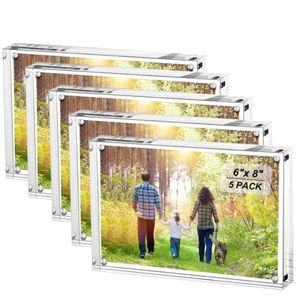 Boxalls 6x8 Inches Acrylic Picture Frames - 5 Pack, Clear Frameless 6x8 Photo Frames with Magnetic, Double Sided Transparent Desktop Frame(5 Pack)