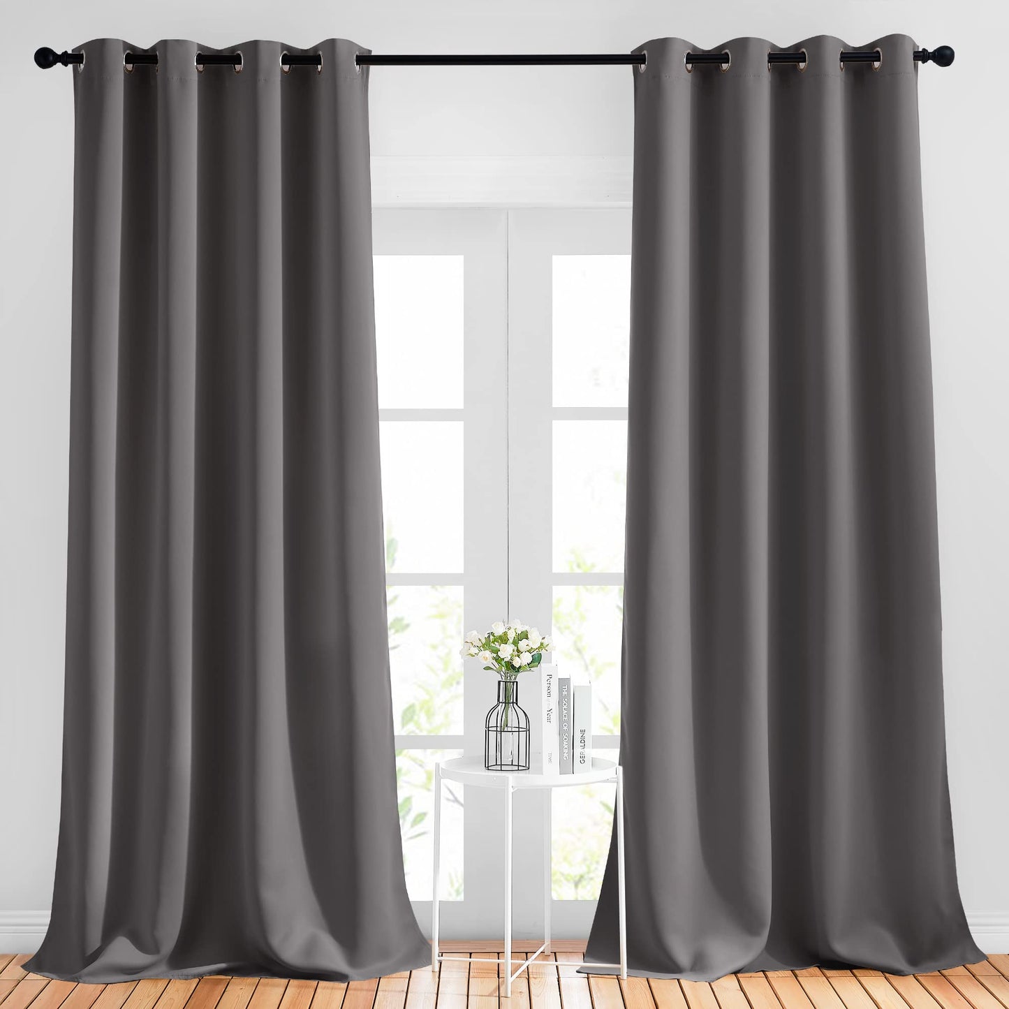 NICETOWN Bedroom Grey Blackout 120 inch Curtains - Triple Weave Energy Saving Thermal Insulated Solid Grommet Blackout Draperies for Patio, W52 x L120, 2 Panels