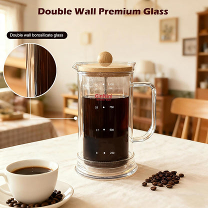 Skiennix French Press Coffee Maker - 34-Ounce Double Wall Glass with Stainless Steel Filter & Bamboo Lid