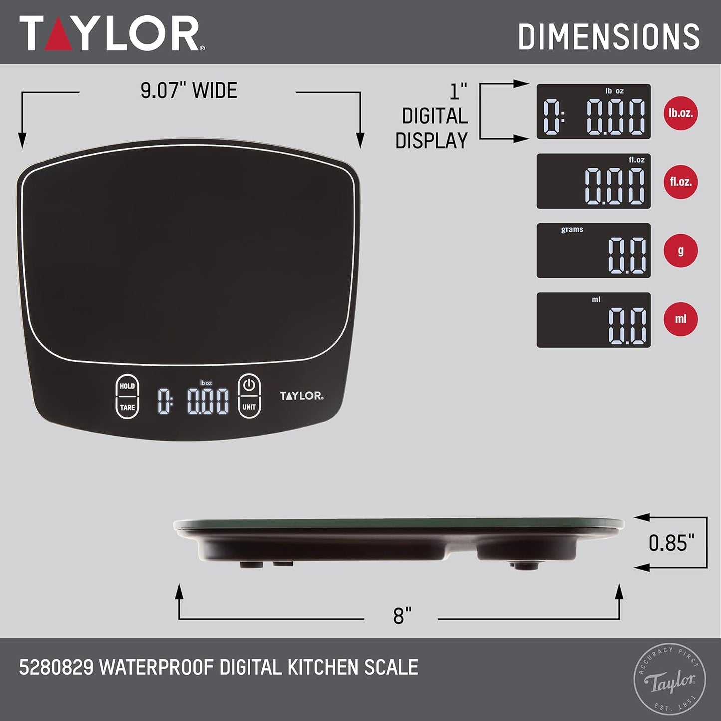 Taylor Waterproof Digital Kitchen Scale - Accurate Measurements Up to 11 Pounds | Sleek Black Design