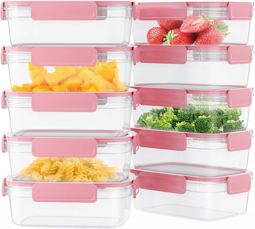 10-Pack Airtight Food Storage Containers by [Brand Name] - BPA-Free Meal Prep | Pink, 47.3oz Each