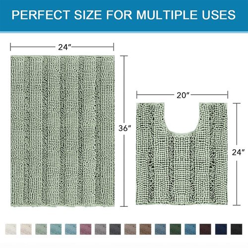 H.VERSAILTEX Bathroom Rugs Bath Rug Set 2 Piece Bathroom Contour Rug Toilet Mat Sets Non Slip Contour Bath Rug Ultra Thick Water Absorbent Striped Bath Mats Washable(36" x 24" Plus 20" x 24" U, Sage)