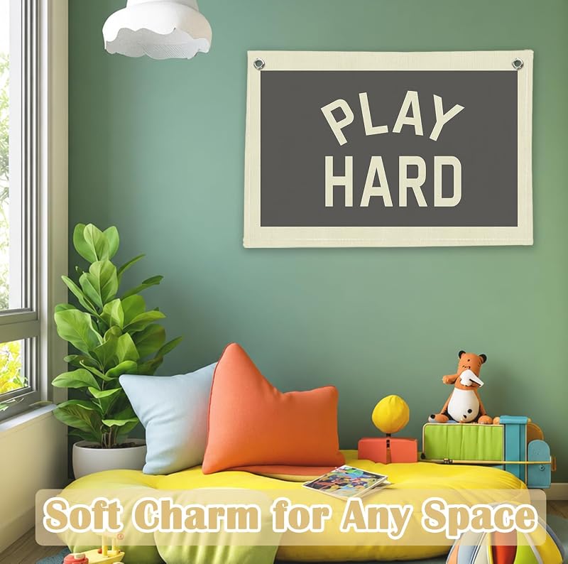 Play Hard Linen Canvas Banner for Kids Room - Playroom Wall Decor