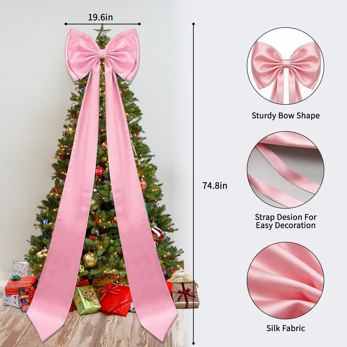 Vovoir Giant Bow Decoration - 75x18 Inch Pink Satin Bow Set with 10 Decorative Ribbons for Weddings & Parties