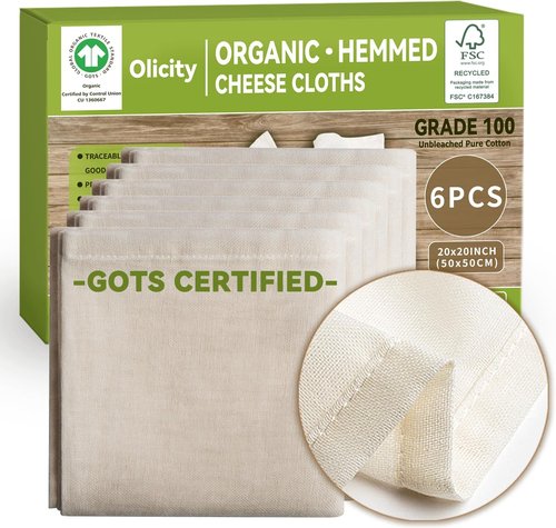 GOTS Certified Organic Cheese Cloths - 100% Cotton Muslin, 6PCS, 20x20 Inch, Reusable Fine Mesh for Straining & Cooking